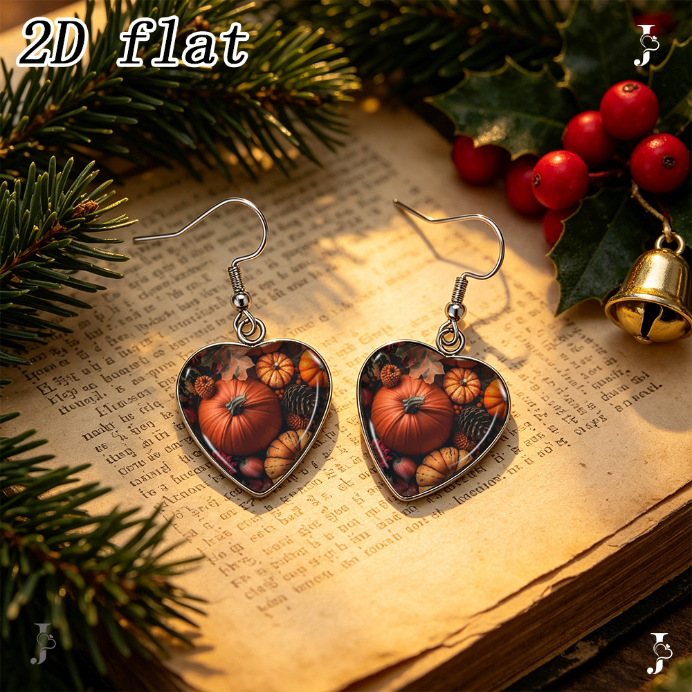Autumn Harvest Pumpkin Maple Leaf Heart Dangle Earrings, Handmade Gift